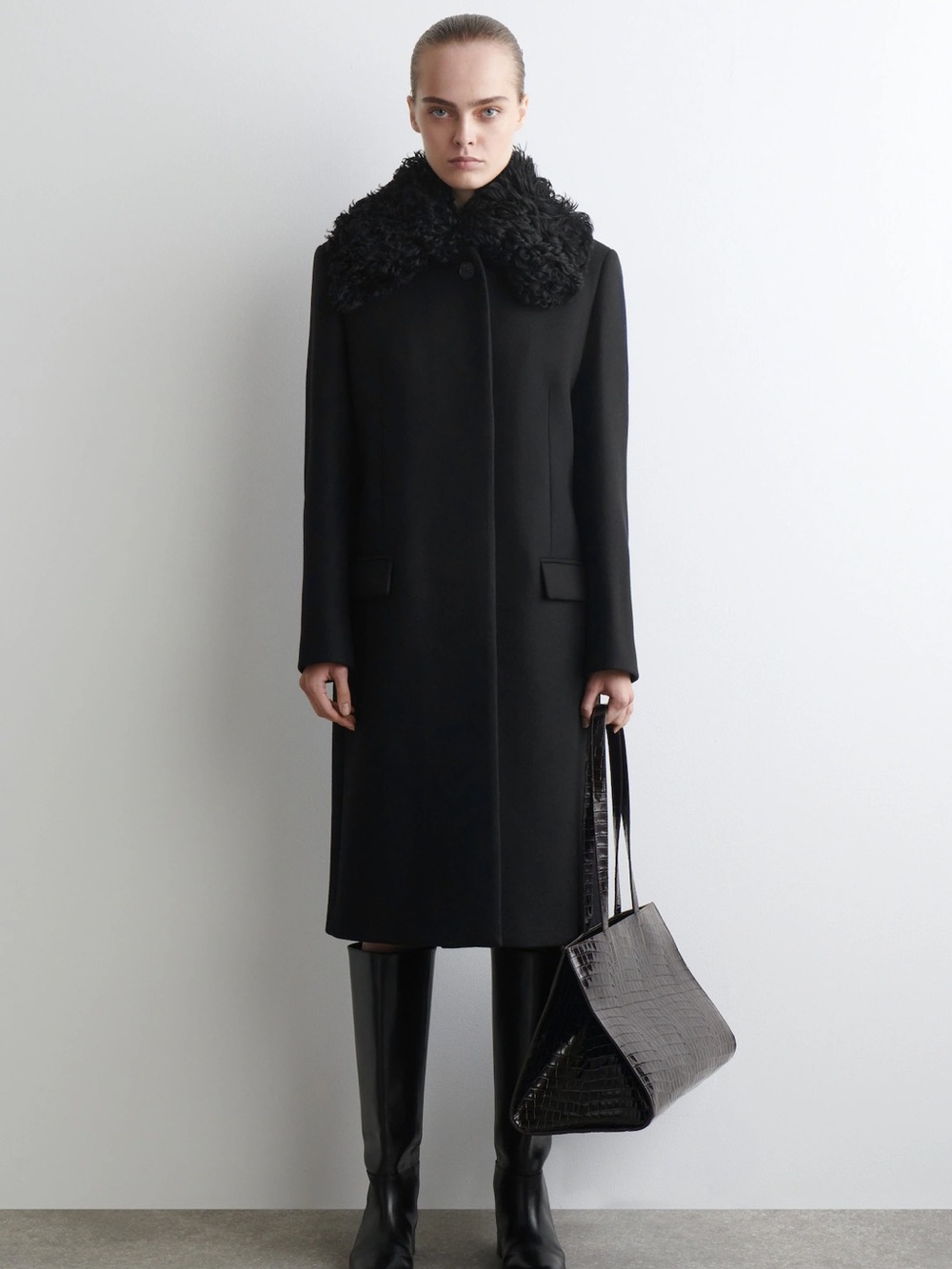 COS Curly Shearling Collar Wool Long Coat Black Size Small / 4